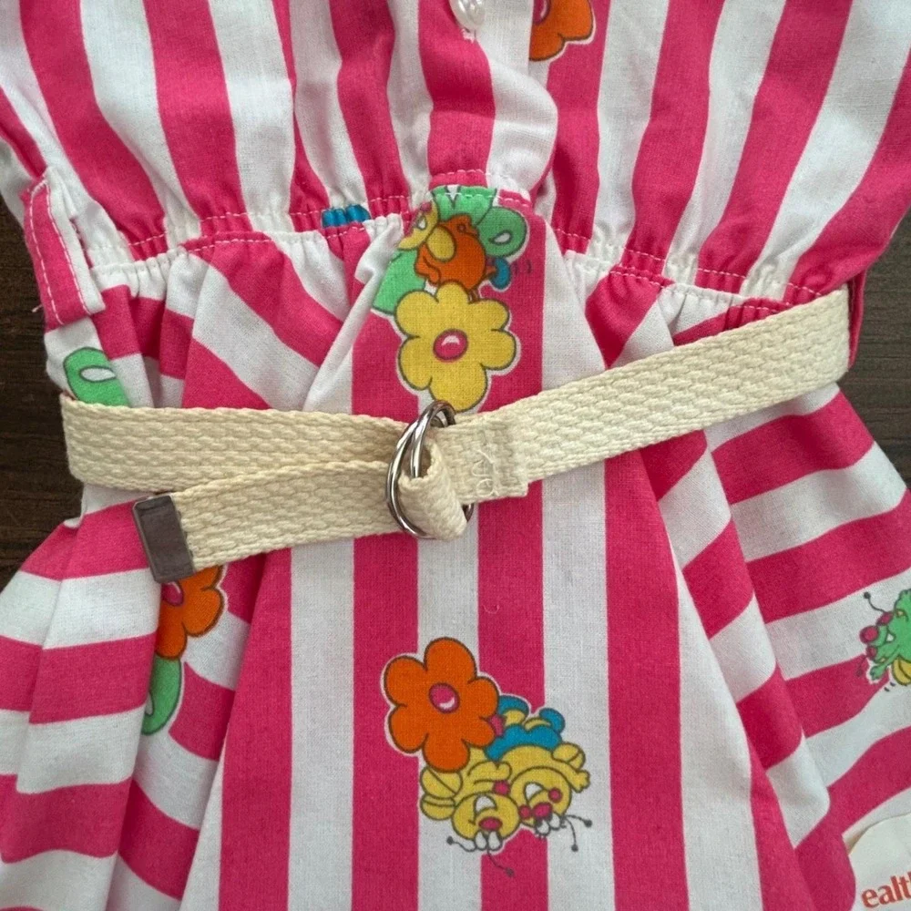 Vintage Health-tex Toddler Girls 2T Pink White Stripe Flower‎ Belted Shirt Dress